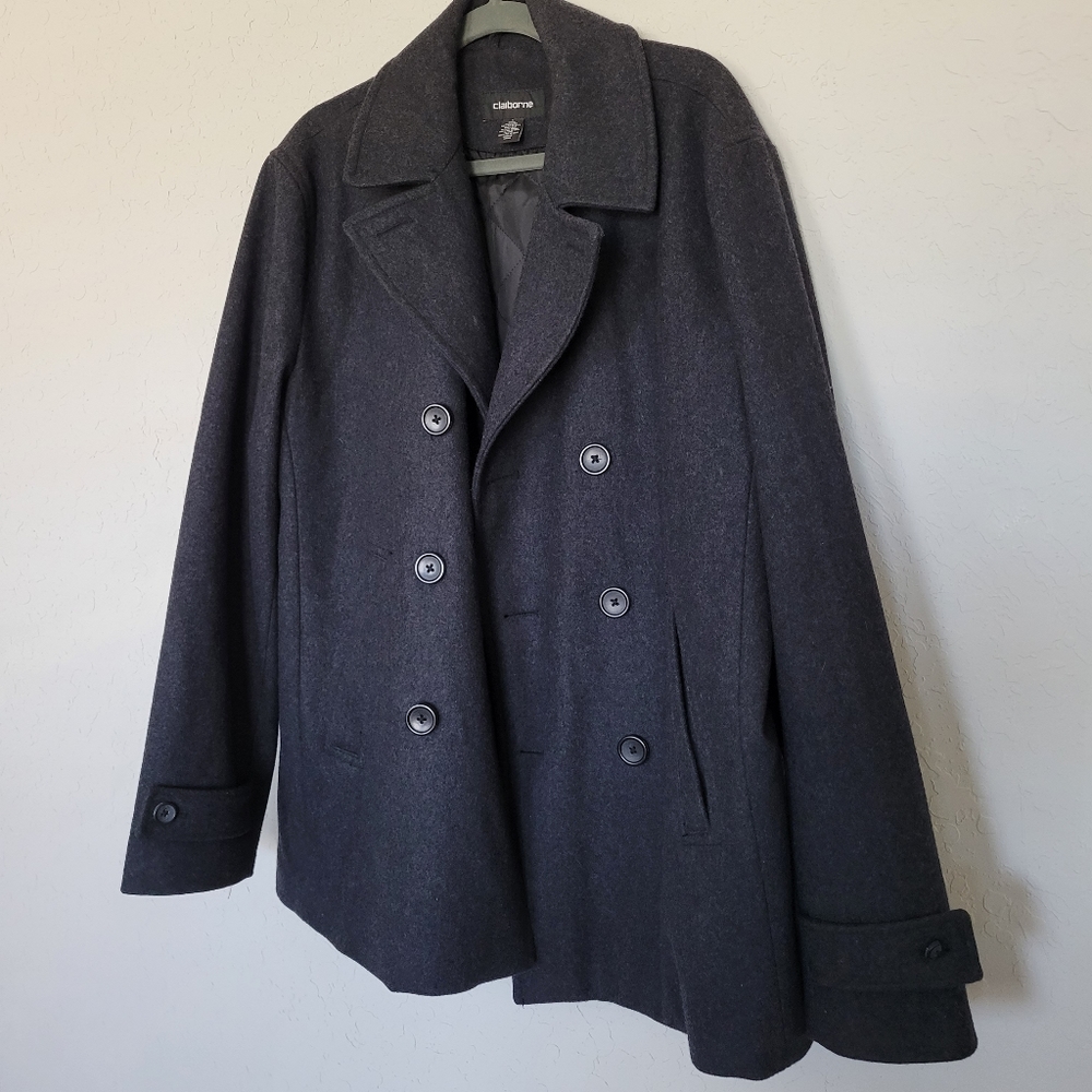 Claiborne Mens Peacoat wool poly dark gray black size large